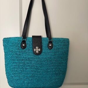NWT: Patricia Nash turquoise straw tote with black leather straps